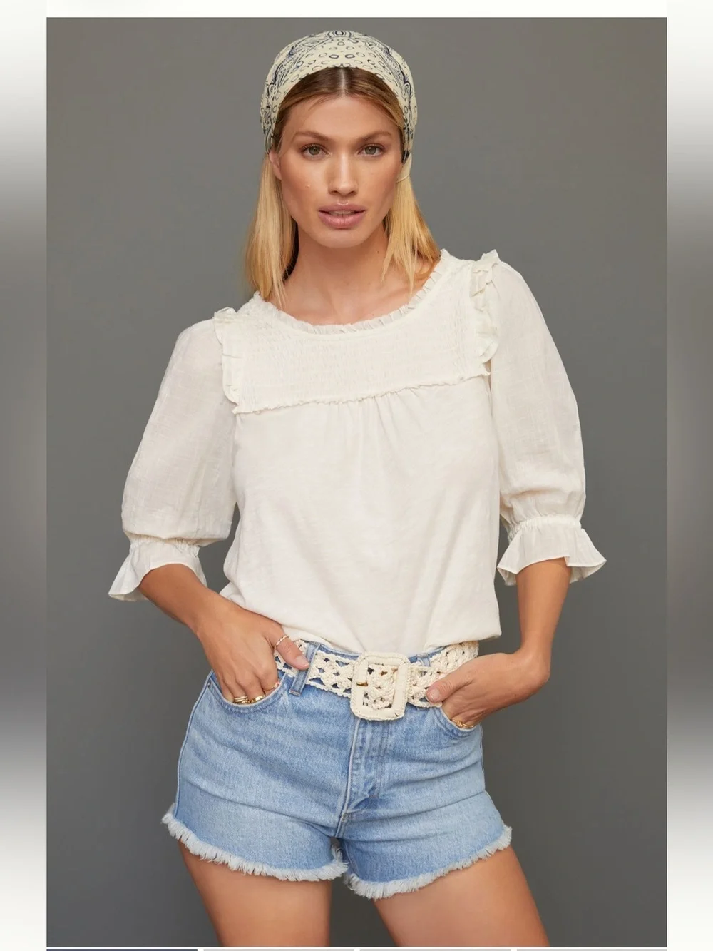 By Anthropologie Smocked Puff-Sleeve Smocked top, sz xs, euc
